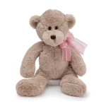 Beige teddy bear with a pink ribbon bow