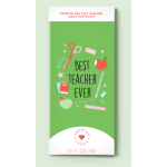 Green chocolate bar wrapper with "Best Teacher Ever" text and school icons