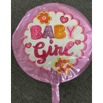 Pink round balloon with "Baby Girl" text and flower graphics