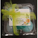 Gift set of blue bath bombs in a clear plastic tray with lime ribbon