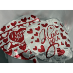 Two heart-shaped foil balloons with "I love you" text