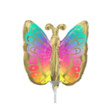 Butterfly-shaped foil balloon with rainbow wings on a stick