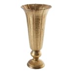 Tall gold metal pedestal vase with flared rim and hammered texture