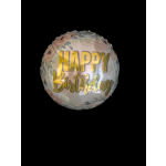 Round birthday balloon with floral print and gold lettering