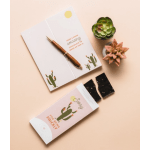 Succulent plants with a notebook, pen, and chocolate bars on a pink background