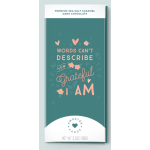 Teal chocolate bar wrapper with pink lettering and heart graphics