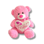 Pink teddy bear holding a heart with the word Love