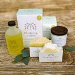 Lemongrass soap and body butter gift set with boxed bars and a bottle