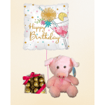 Birthday balloon with a pink plush pig and a box of chocolates