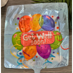 Silver balloon with colorful smiley faces and "Get Well Soon" text