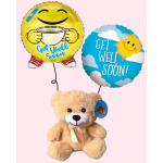Teddy bear with two get-well balloons