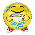 Yellow get well soon emoji balloon holding a teacup