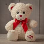 Cream plush teddy bear with red bow and heart details sitting against a neutral background.