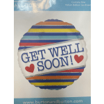 Round striped balloon with "GET WELL SOON!" text and hearts