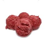 Four red scoops of sorbet on a white background