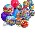 Cluster of colorful birthday and congratulations balloons