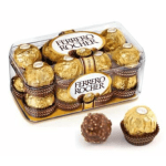 Box of Ferrero Rocher hazelnut chocolates with two unwrapped pieces in front