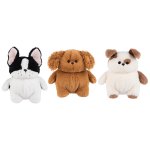 Three plush dog toys in black, brown, and white