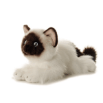 Plush Siamese cat toy lying down on a white background