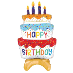 Colorful birthday cake-shaped foil balloon with candles and Happy Birthday text.