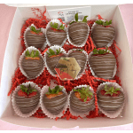 Box of chocolate-covered strawberries with a birthday tag