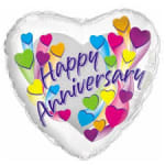 Heart-shaped balloon with "Happy Anniversary" text and colorful hearts