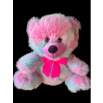 Pastel rainbow teddy bear with a bright pink bow