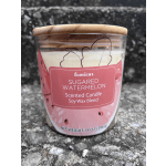 Sugared watermelon scented candle in a glass jar with a wooden lid