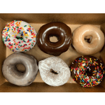 Box of six assorted frosted donuts with sprinkles