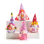 Four felt gnome figurines with floral accents and gift messages