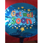 Round blue balloon with "Get Well Soon" text and stars