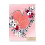 Pink greeting card with a floral heart and the word Love