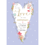 Anniversary card with a heart-shaped floral border and champagne bottle