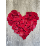 Heart-shaped arrangement of red rose petals on a wood floor