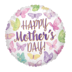 Round Mother’s Day balloon with colorful pastel butterflies and purple text