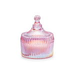 Pink iridescent ribbed glass jar candle with a rounded decorative lid