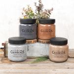 Four scented candles in glass jars with black lids, arranged with a small eucalyptus sprig behind them.