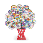Cluster of colorful birthday balloons in a red gift base