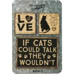 Three cat-themed decorative magnets with love sayings