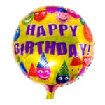 Round birthday balloon with colorful faces and "Happy Birthday" text