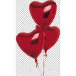 Three red heart-shaped balloons tied together.