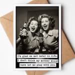 Greeting card with a black-and-white photo of two women holding beer bottles