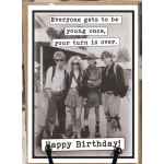 Framed birthday card with a black-and-white photo and bold text.