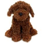 Brown plush dog toy sitting on a white background