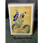 Decorative greeting card with a quail illustration on a gold background