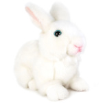 White plush bunny with pink ears and blue eyes