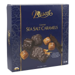 Box of sea salt caramels in dark blue packaging