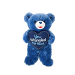 Blue teddy bear holding a heart-shaped sign