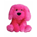 Bright pink plush dog with floppy ears and black nose