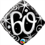 Black square balloon with a white "60" and starburst pattern